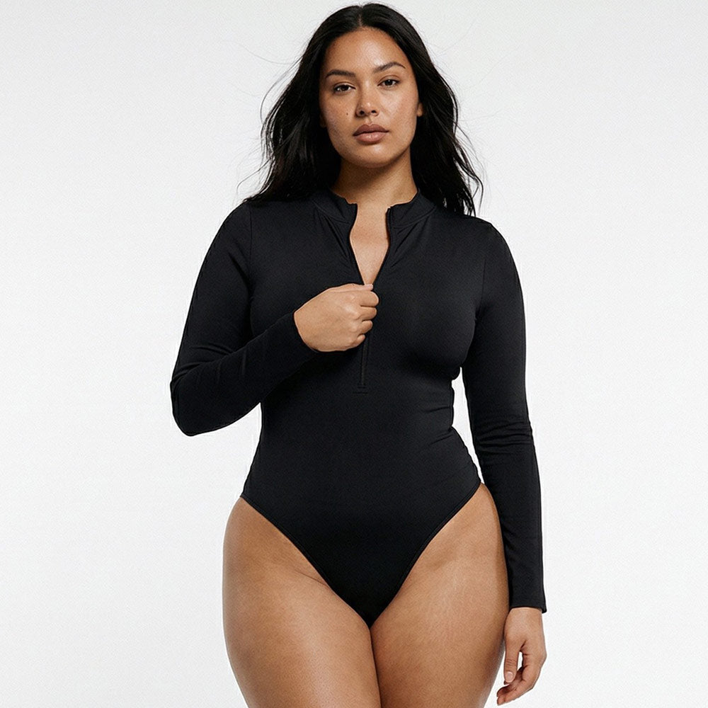 Deep V Zip Long Sleeve Contour Bodysuit
