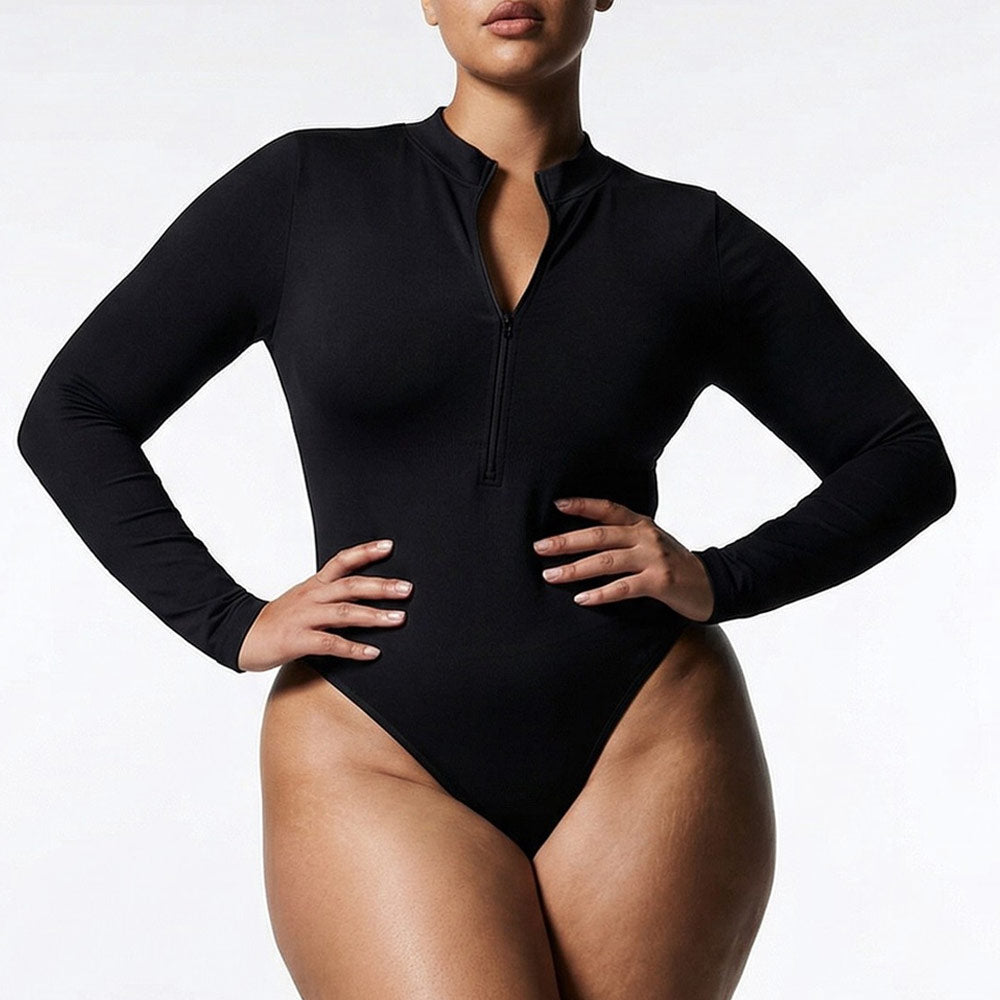 Deep V Zip Long Sleeve Contour Bodysuit