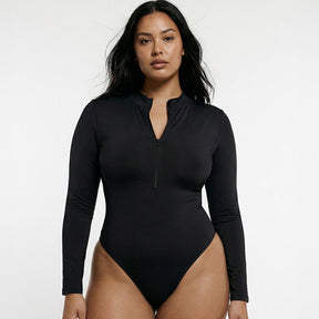 Deep V Zip Long Sleeve Contour Bodysuit