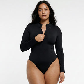Deep V Zip Long Sleeve Contour Bodysuit