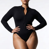 Deep V Zip Long Sleeve Contour Bodysuit