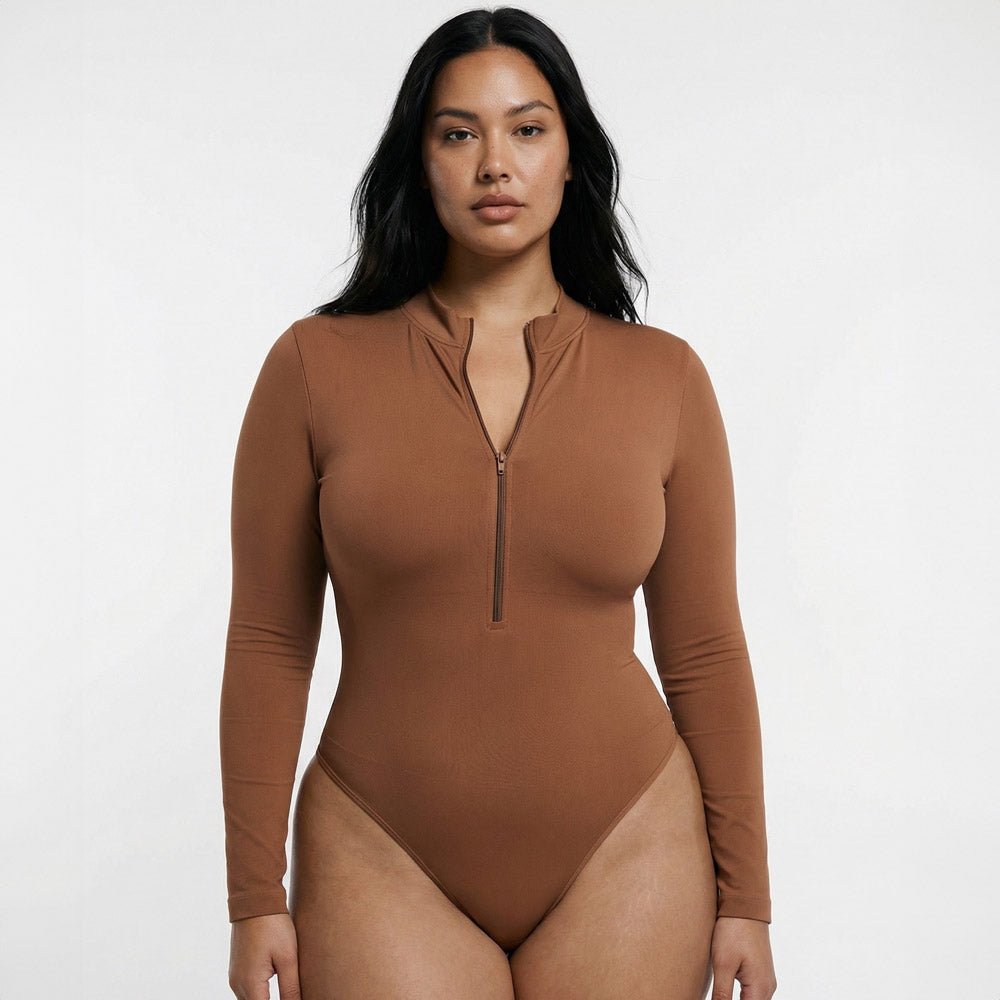 Deep V Zip Long Sleeve Contour Bodysuit