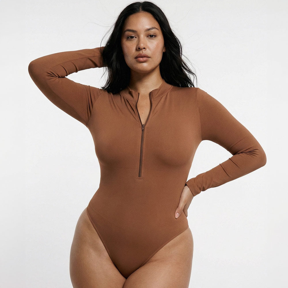 Deep V Zip Long Sleeve Contour Bodysuit